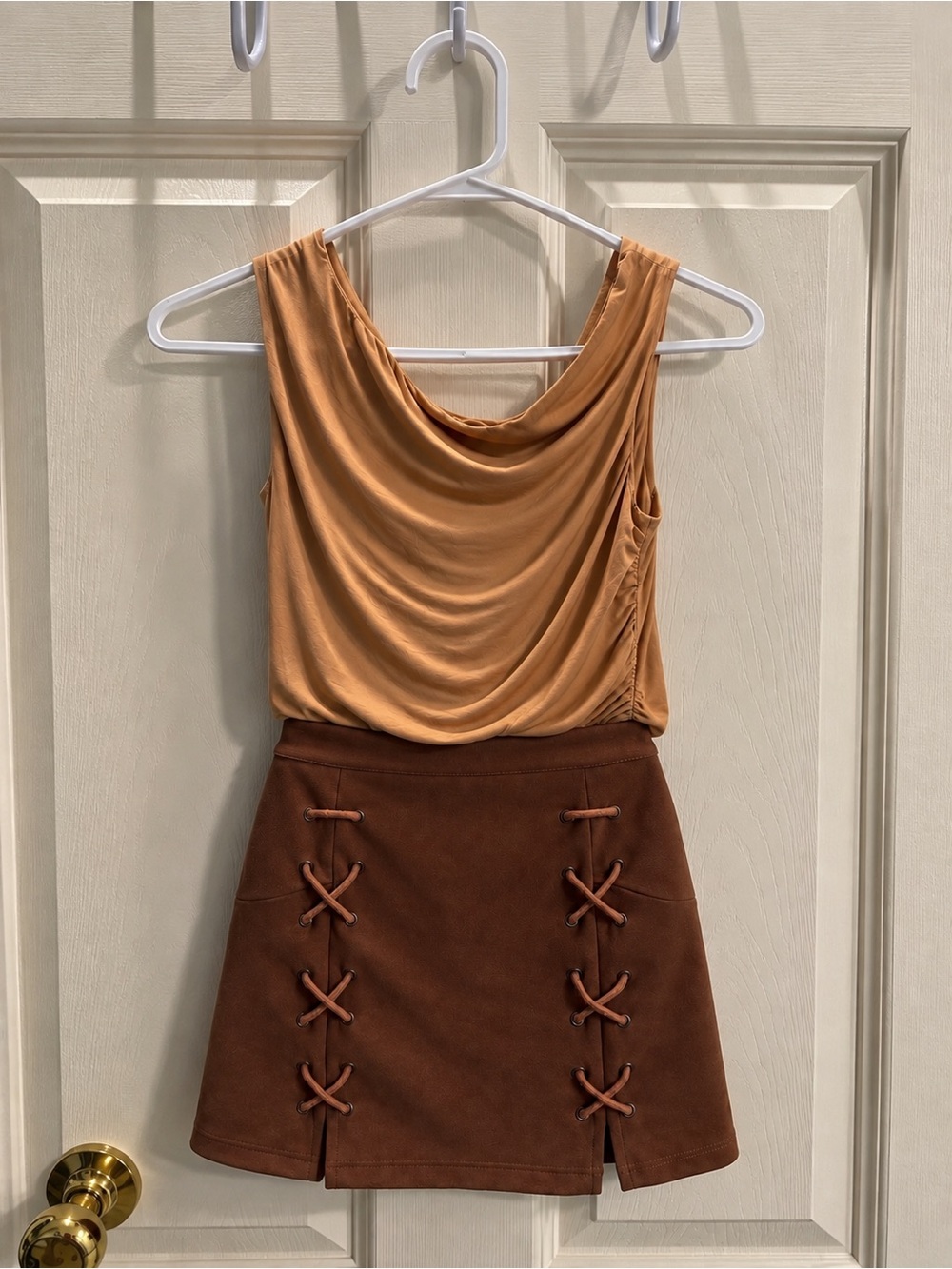 DIASHINY Brown Lace-Up Mini Skirt & PRETTY GARDEN Tan Drape neck sleeveless top